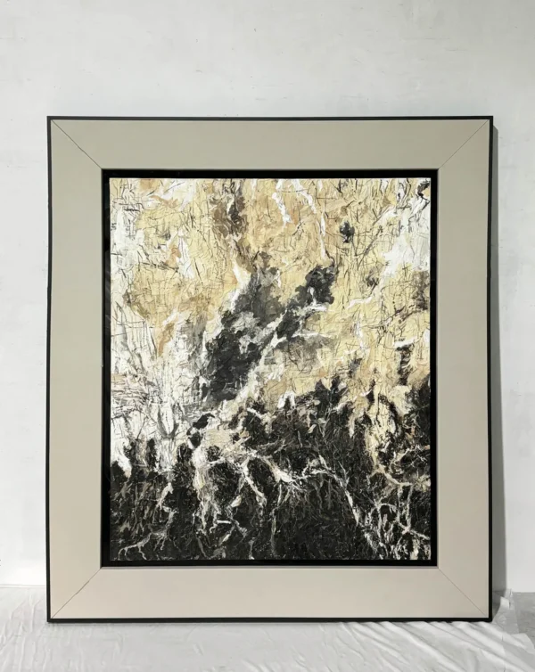 Black and Gold Marble Abstract Wall Art in Cream Frame — in a room setting