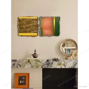 Colour Block Wall Art Set of 2 in Yellow, Pink and Green — in a room setting