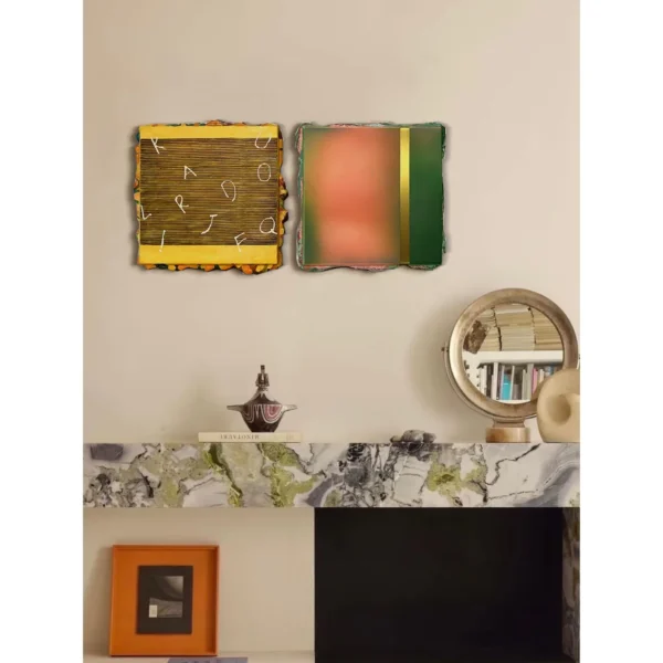 Colour Block Wall Art Set of 2 in Yellow, Pink and Green — in a room setting