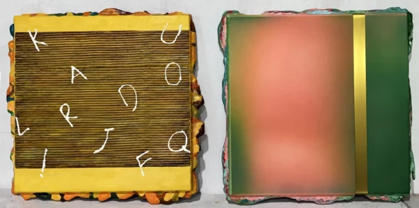 Colour Block Wall Art Set of 2 in Yellow, Pink and Green — in a room setting