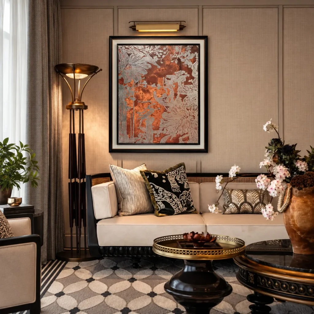 Copper Foliage Abstract Wall Art with Picture Light in bronze — front view