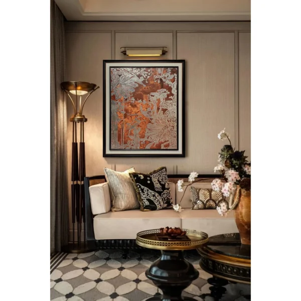Copper Foliage Abstract Wall Art with Picture Light in bronze — in a room setting