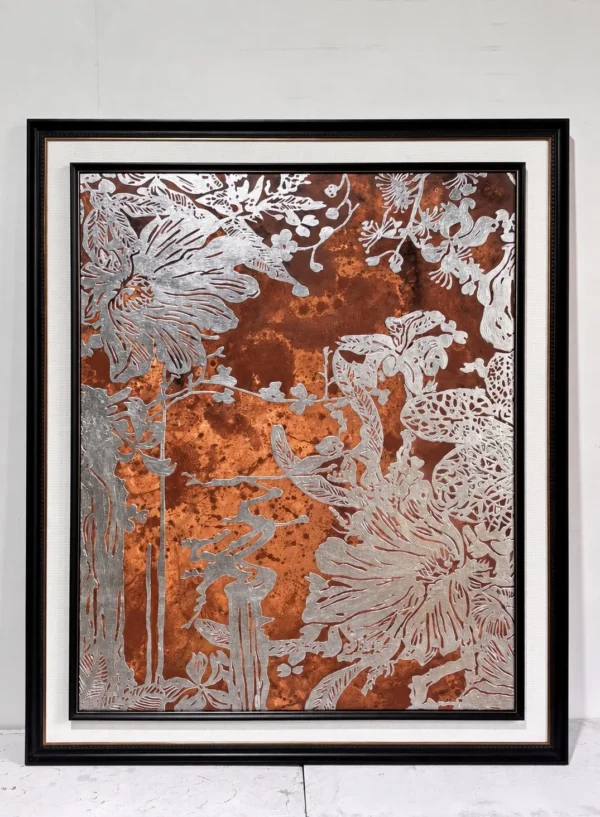 Copper Foliage Abstract Wall Art with Picture Light in bronze — in a room setting