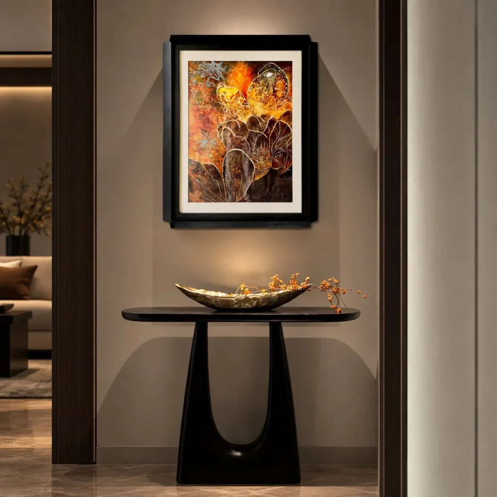 Amber Coral Abstract Wall Art in Black Frame — front view