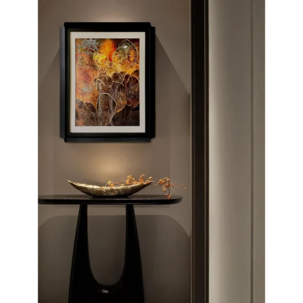 Amber Coral Abstract Wall Art in Black Frame — in a room setting