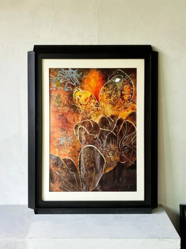 Amber Coral Abstract Wall Art in Black Frame — in a room setting