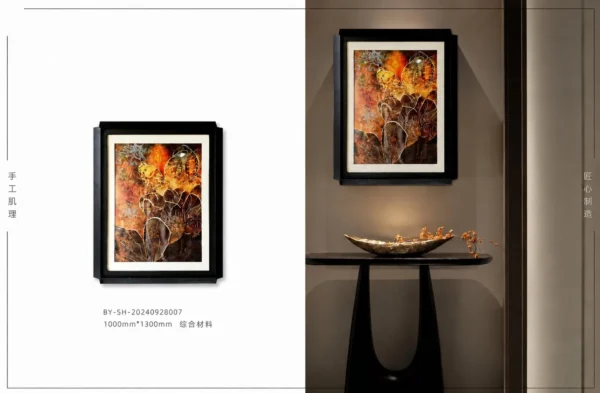 Amber Coral Abstract Wall Art in Black Frame — in a room setting