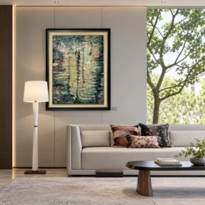 Teal and Gold Abstract Wall Art in Black Frame — front view