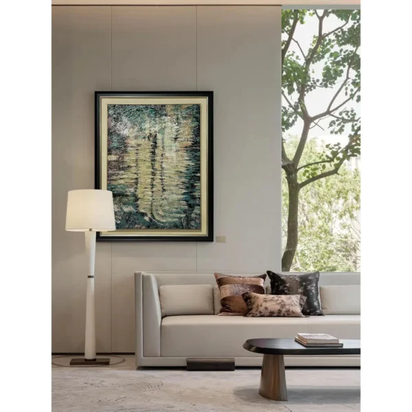 Teal and Gold Abstract Wall Art in Black Frame — in a room setting
