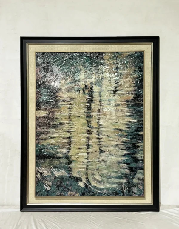 Teal and Gold Abstract Wall Art in Black Frame — in a room setting