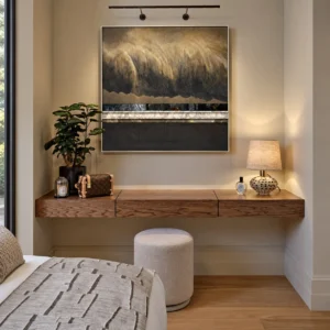 Golden Horizon Abstract Wall Art with Mother of Pearl Band in brushed brass — front view