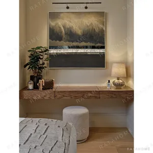 Golden Horizon Abstract Wall Art with Mother of Pearl Band in brushed brass — in a room setting