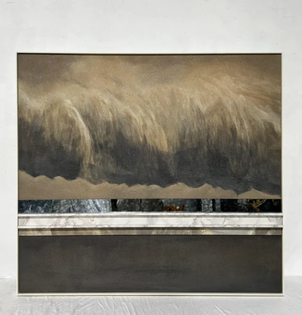 Golden Horizon Abstract Wall Art with Mother of Pearl Band in brushed brass — in a room setting