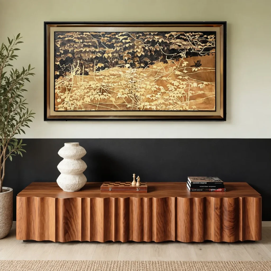 Wide Golden Grass Lacquer Wall Art in Black Frame — front view