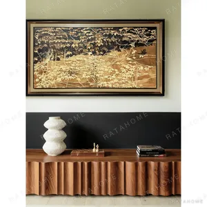 Wide Golden Grass Lacquer Wall Art in Black Frame — in a room setting