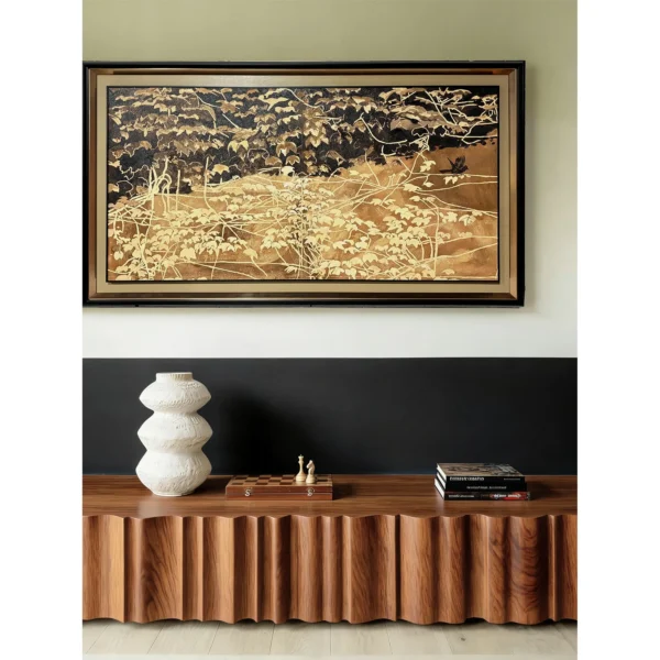 Wide Golden Grass Lacquer Wall Art in Black Frame — in a room setting