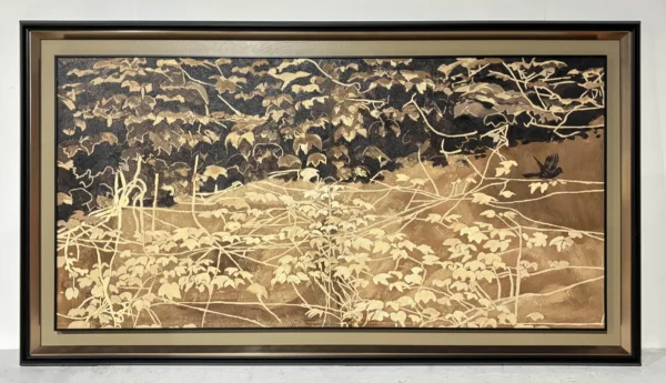 Wide Golden Grass Lacquer Wall Art in Black Frame — in a room setting