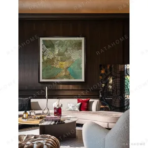 Teal and Gold Textured Abstract Wall Art in Black Frame — in a room setting