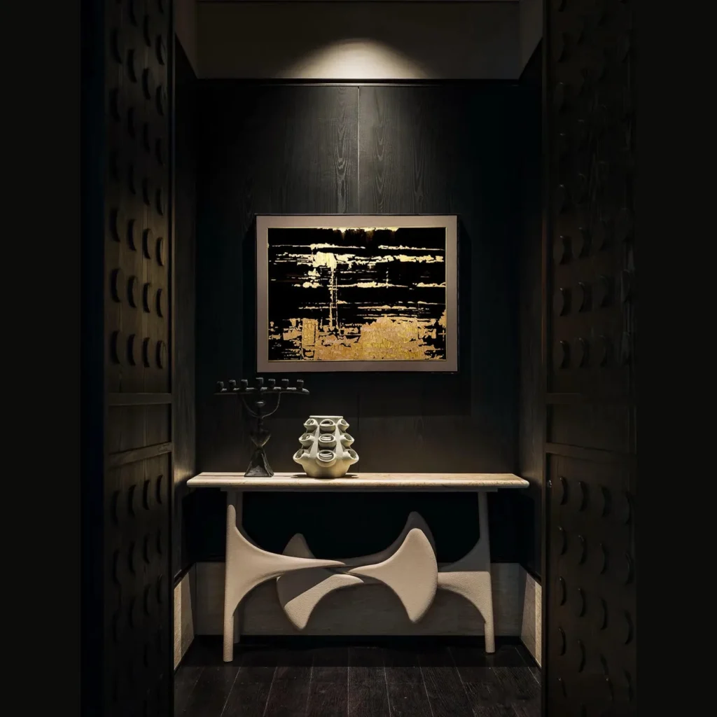 Gold Leaf Horizon Wall Art on Black in Dark Frame — in a room setting