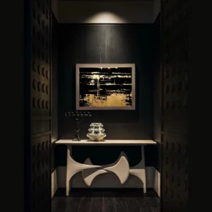 Gold Leaf Horizon Wall Art on Black in Dark Frame — in a room setting