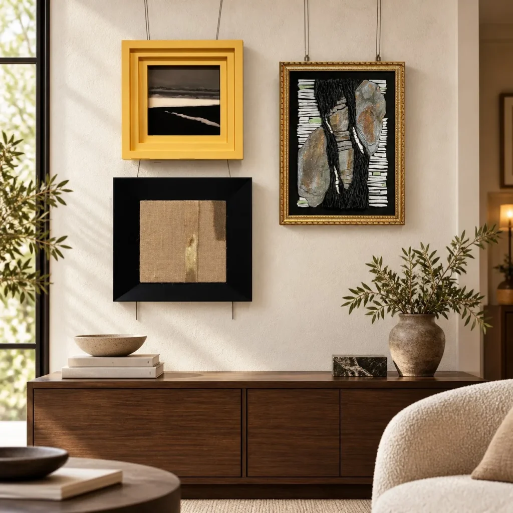 Gallery Wall Art Set of 3 in Yellow, Black and Gold Frames — front view