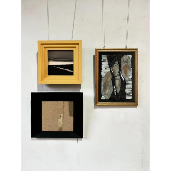 Gallery Wall Art Set of 3 in Yellow, Black and Gold Frames — in a room setting