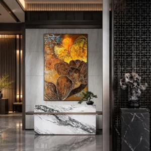 Tall Golden Blossom Lacquer Wall Art for Marble Lobby in brushed brass — front view