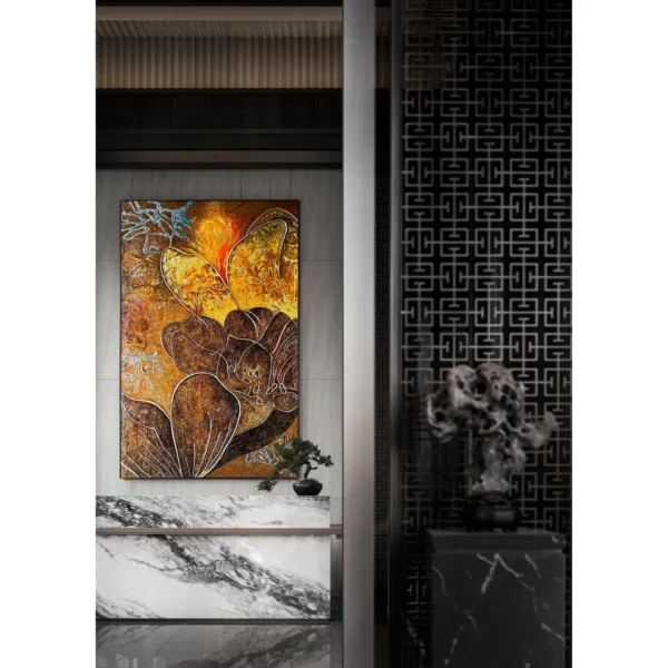 Tall Golden Blossom Lacquer Wall Art for Marble Lobby in brushed brass — in a room setting