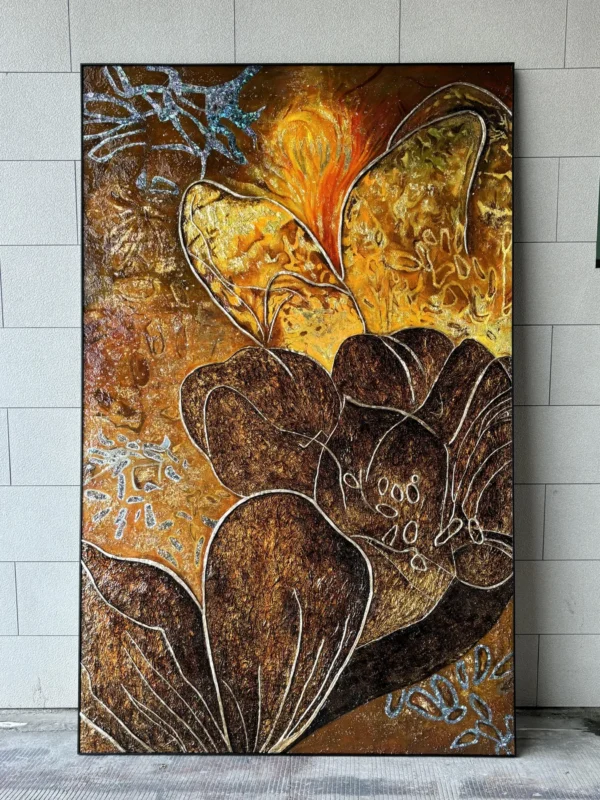 Tall Golden Blossom Lacquer Wall Art for Marble Lobby in brushed brass — in a room setting