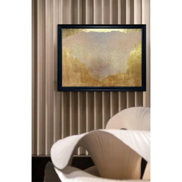 Wide Gold Leaf Mountain Wall Art in Black Frame — in a room setting
