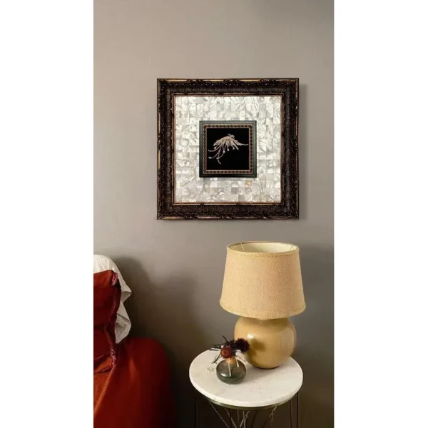 Mother of Pearl Bordered Wall Art in oatmeal — in a room setting