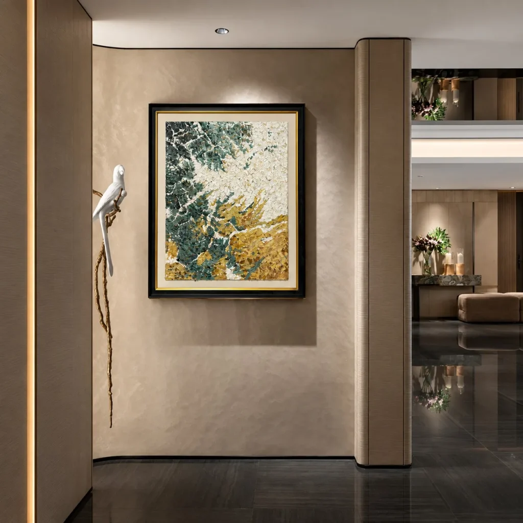 Green and Gold Abstract Wall Art in Black Frame — front view