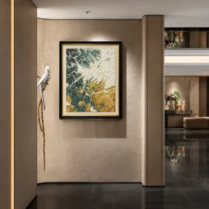 Green and Gold Abstract Wall Art in Black Frame — front view