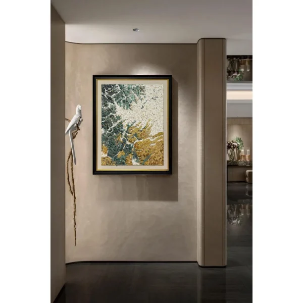 Green and Gold Abstract Wall Art in Black Frame — in a room setting