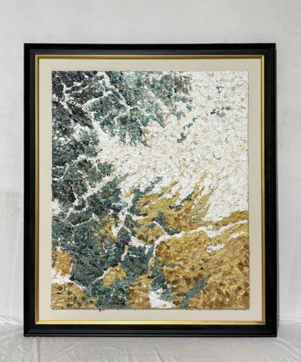 Green and Gold Abstract Wall Art in Black Frame — in a room setting