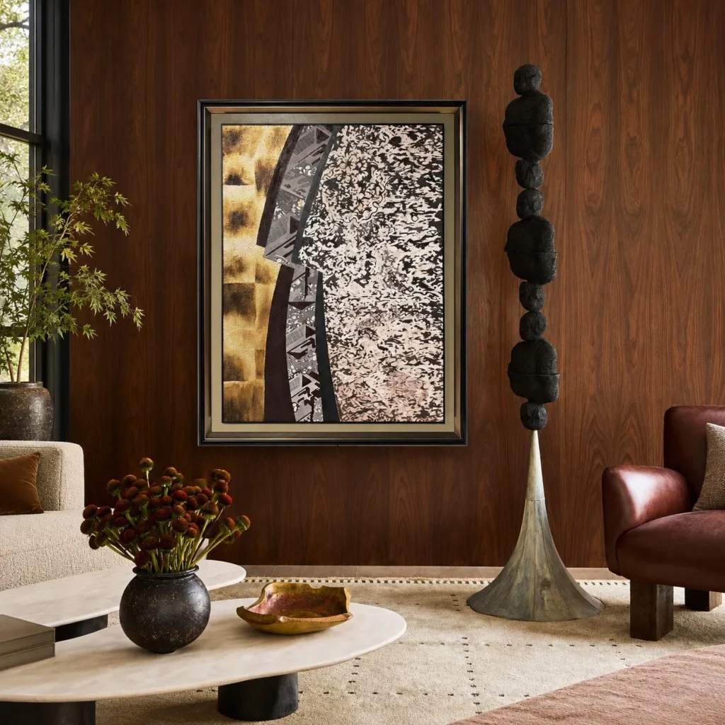 Silver and Gold Blossom Abstract Wall Art in Black Frame — front view