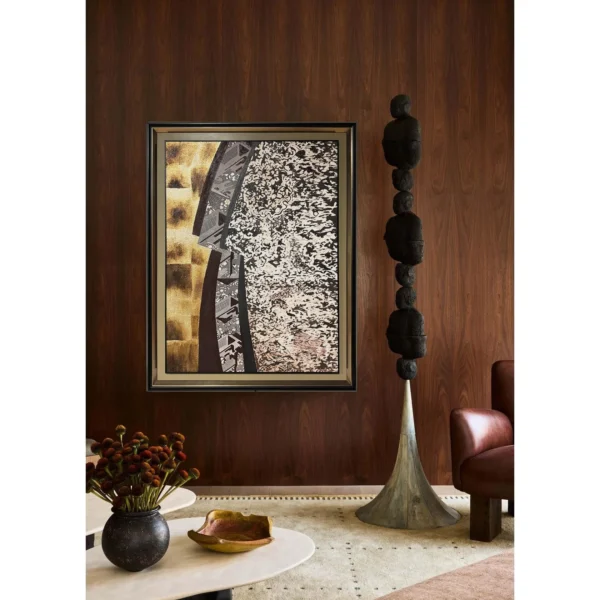 Silver and Gold Blossom Abstract Wall Art in Black Frame — in a room setting