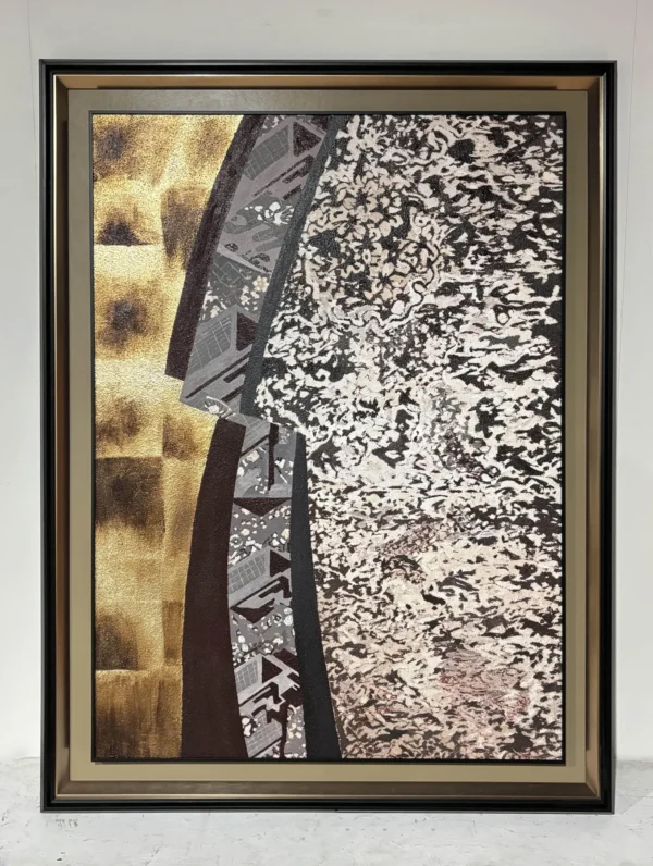 Silver and Gold Blossom Abstract Wall Art in Black Frame — in a room setting
