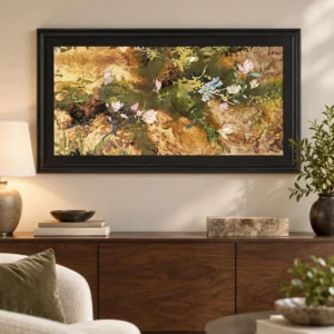 Wide Golden Garden Wall Art in Black Frame — front view