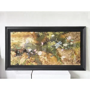 Wide Golden Garden Wall Art in Black Frame — in a room setting