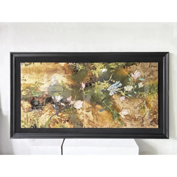 Wide Golden Garden Wall Art in Black Frame — in a room setting