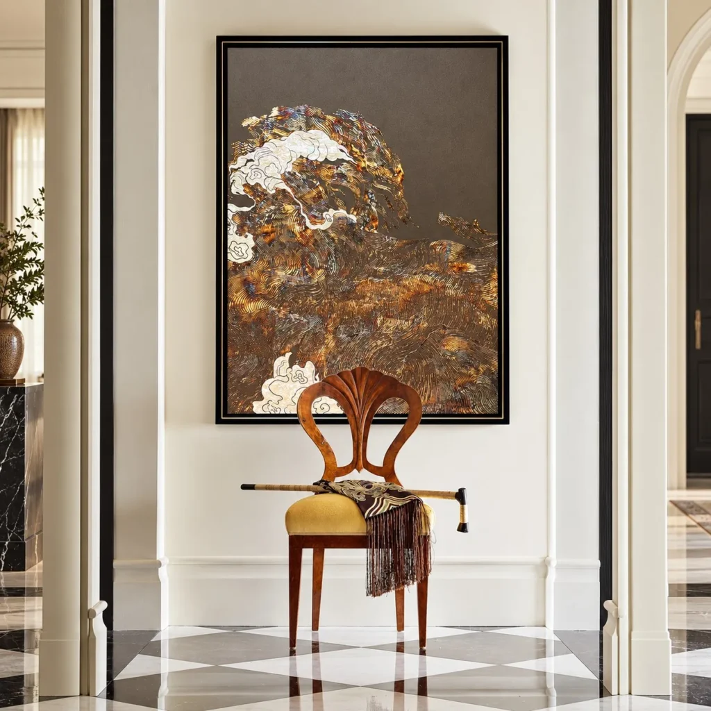 Tall Golden Wave Abstract Wall Art in Black Frame — front view