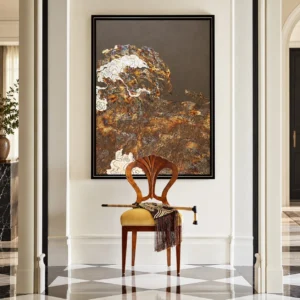 Tall Golden Wave Abstract Wall Art in Black Frame — front view