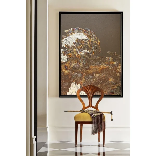 Tall Golden Wave Abstract Wall Art in Black Frame — in a room setting