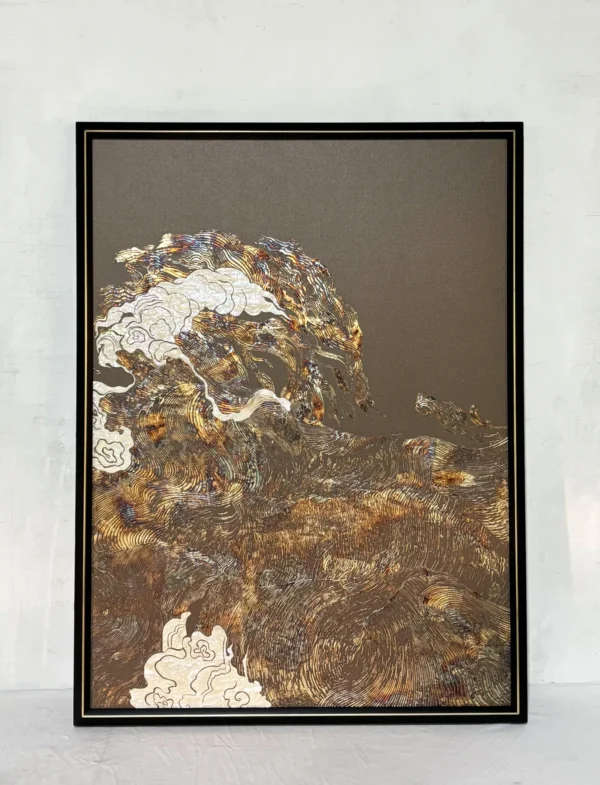 Tall Golden Wave Abstract Wall Art in Black Frame — in a room setting