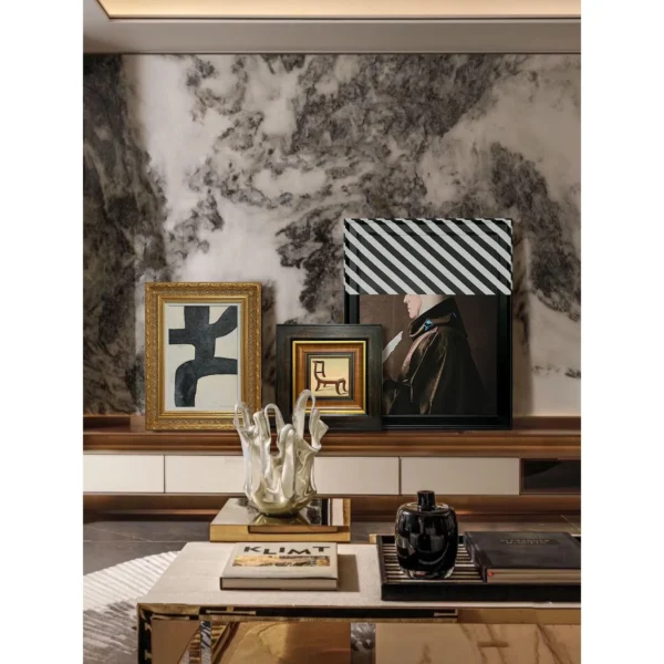 Layered Gallery Wall Art Set of 3 for Console Styling in black — in a room setting