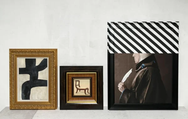 Layered Gallery Wall Art Set of 3 for Console Styling in black — in a room setting