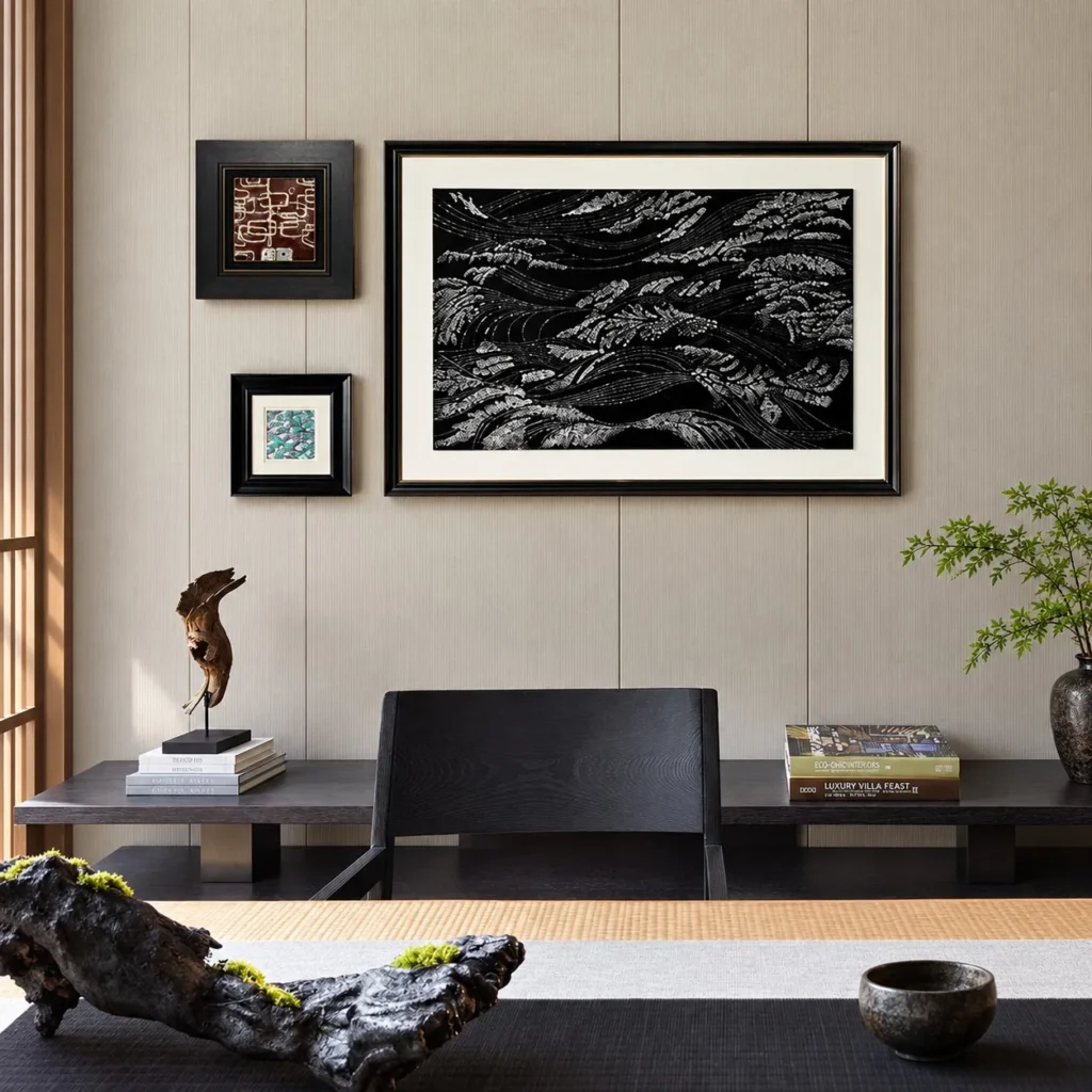 Black Wave Ink Wall Art Set of 3 with Small Companions in black — front view