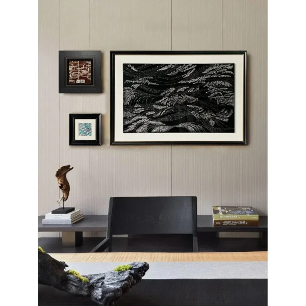 Black Wave Ink Wall Art Set of 3 with Small Companions in black — in a room setting