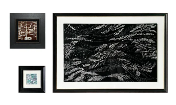 Black Wave Ink Wall Art Set of 3 with Small Companions in black — in a room setting